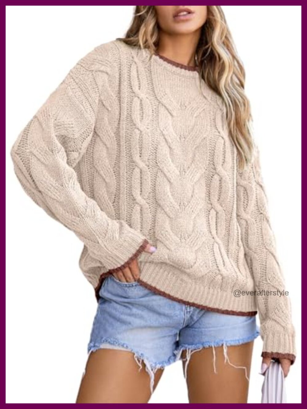 Womens Cable Knit Chunky Pullover Sweater Crew Neck Long Sleeve